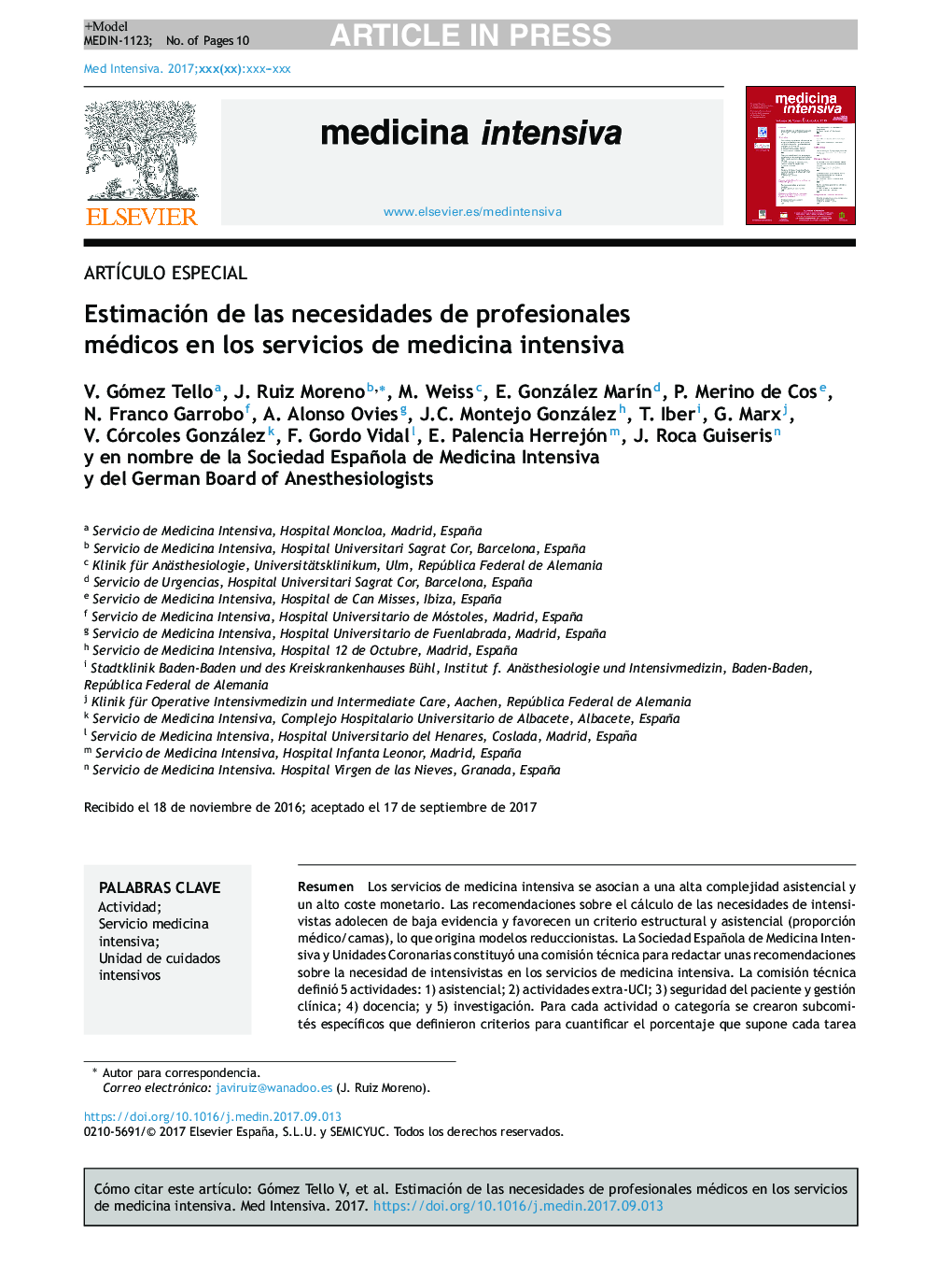 Estimación de las necesidades de profesionales médicos en los servicios de medicina intensiva