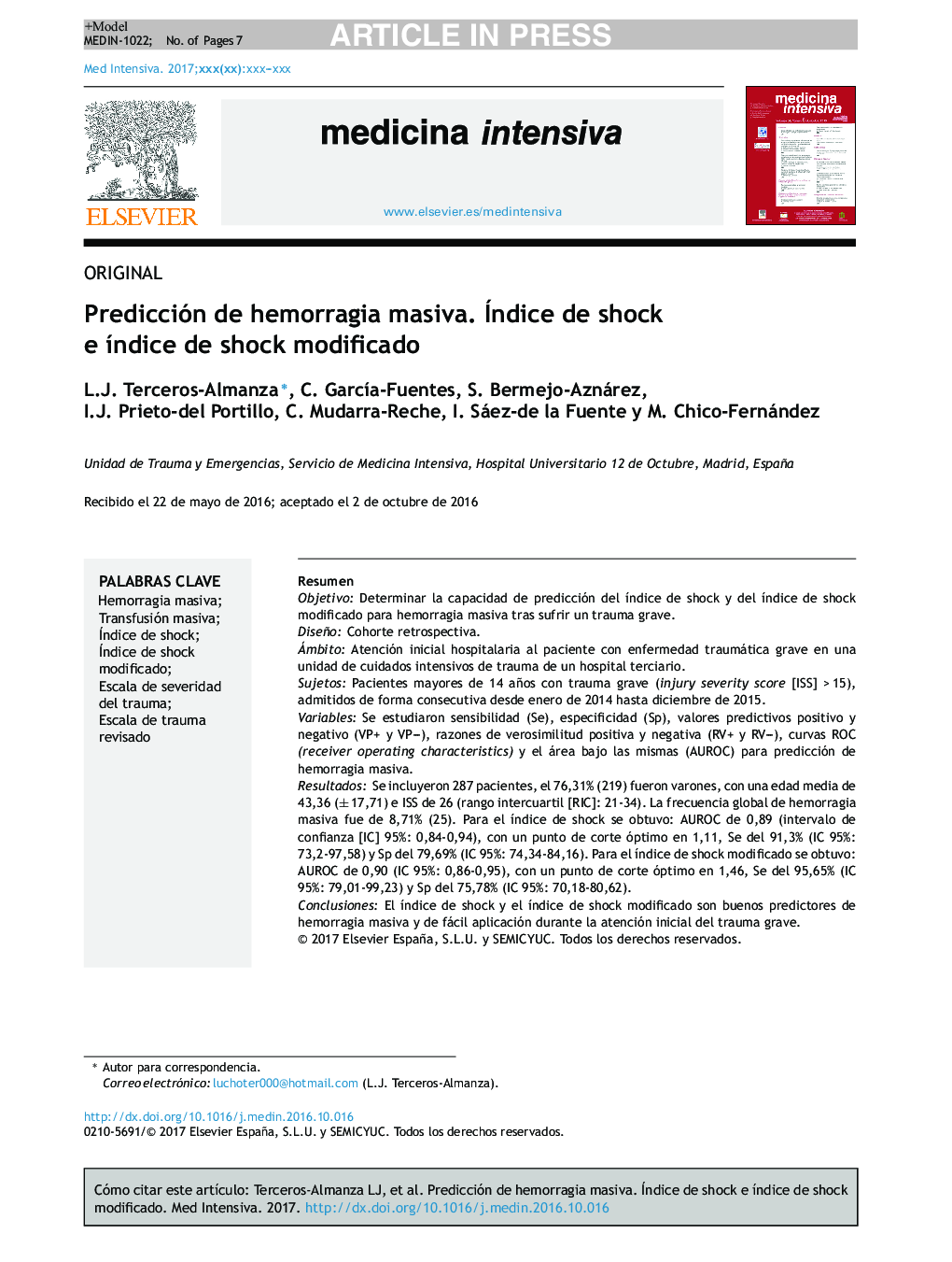 Predicción de hemorragia masiva. Índice de shock e Ã­ndice de shock modificado