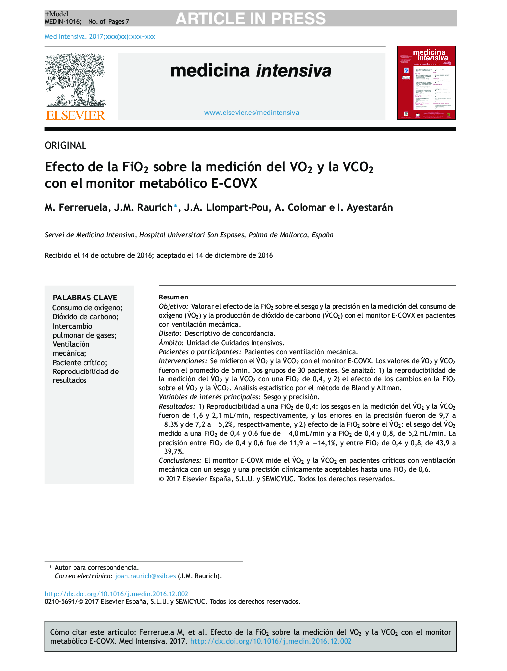 Efecto de la FiO2 sobre la medición del VO2 y la VCO2 con el monitor metabólico E-COVX