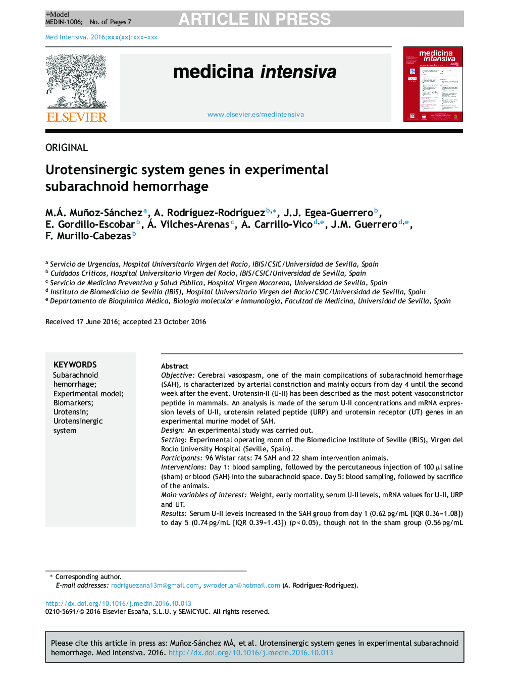 Urotensinergic system genes in experimental subarachnoid hemorrhage