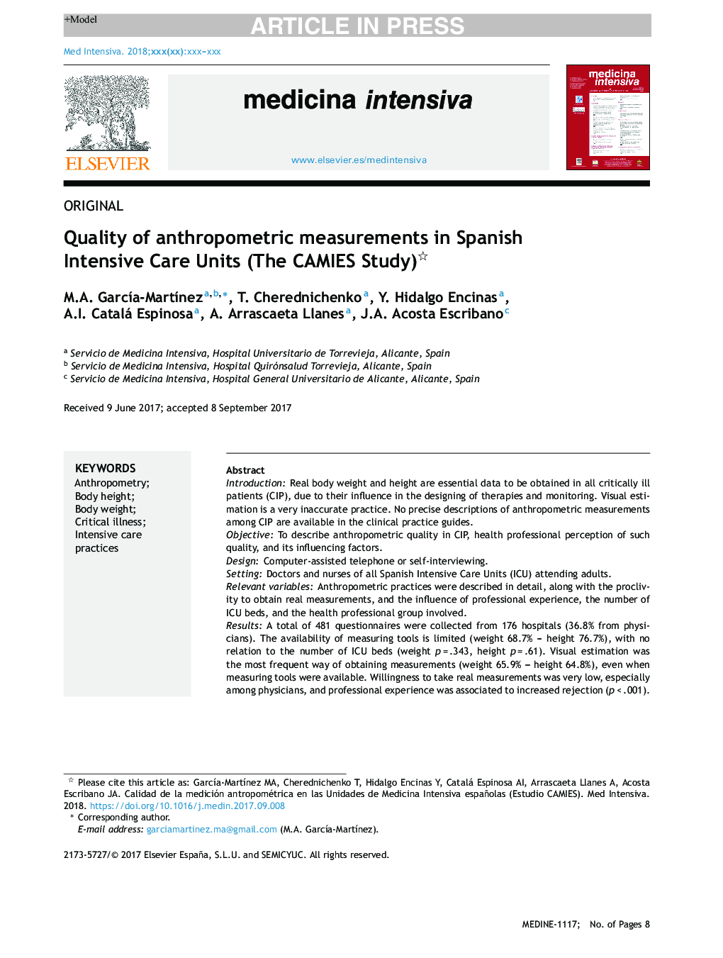Quality of anthropometric measurements in Spanish Intensive Care Units (The CAMIES Study)
