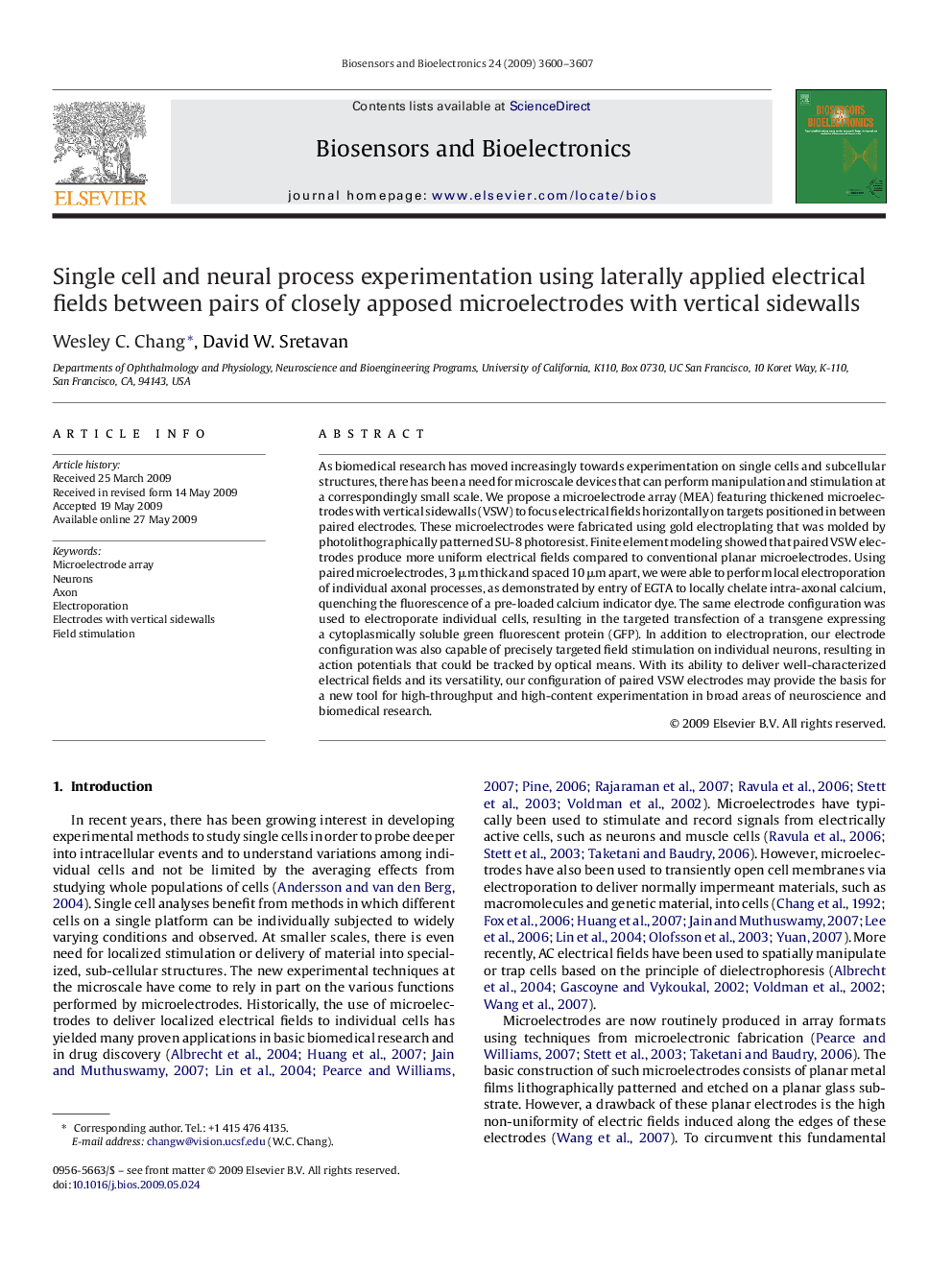 Single cell and neural process experimentation using laterally applied electrical fields between pairs of closely apposed microelectrodes with vertical sidewalls