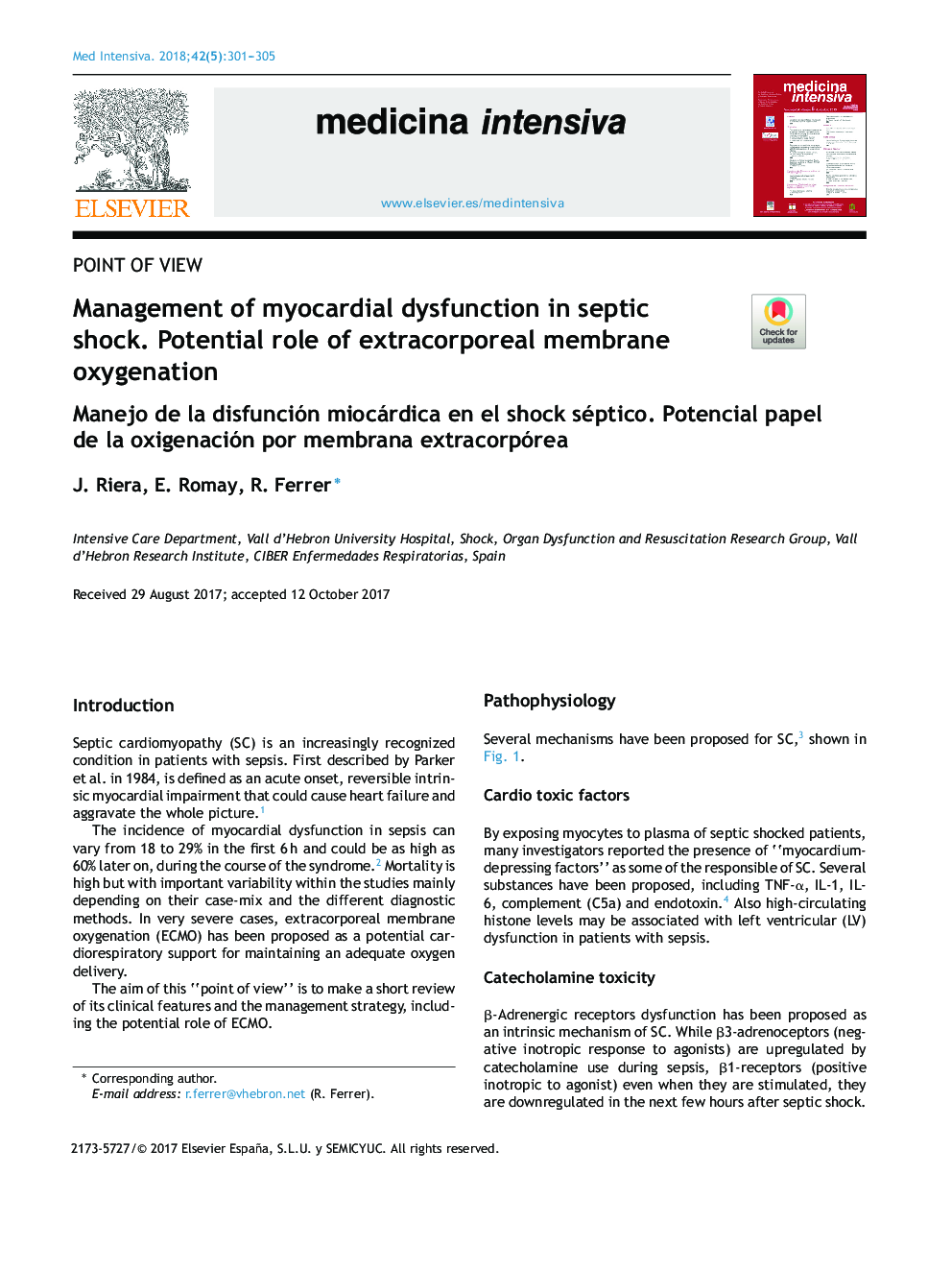 Management of myocardial dysfunction in septic shock. Potential role of extracorporeal membrane oxygenation