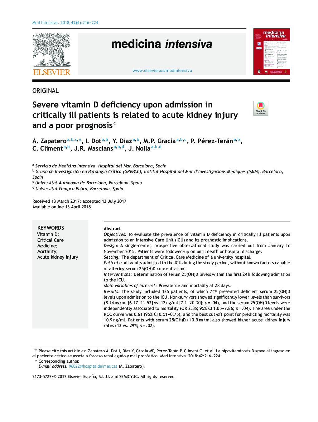 Severe vitamin D deficiency upon admission in critically ill patients is related to acute kidney injury and a poor prognosis