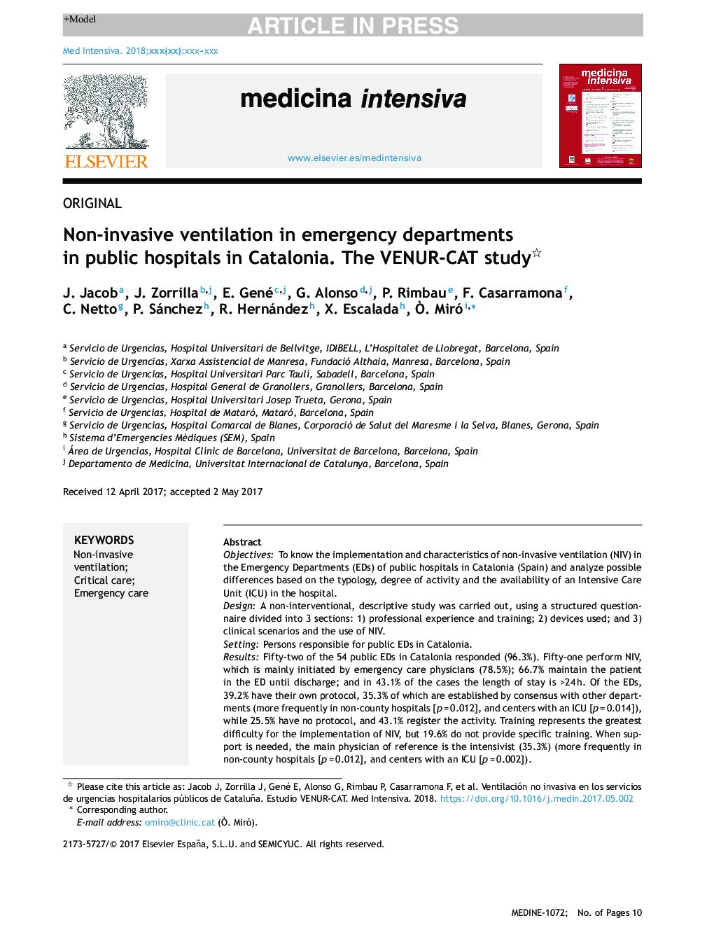 Non-invasive ventilation in emergency departments in public hospitals in Catalonia. The VENUR-CAT study