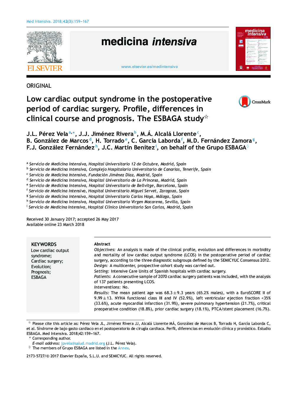 Low cardiac output syndrome in the postoperative period of cardiac surgery. Profile, differences in clinical course and prognosis. The ESBAGA study