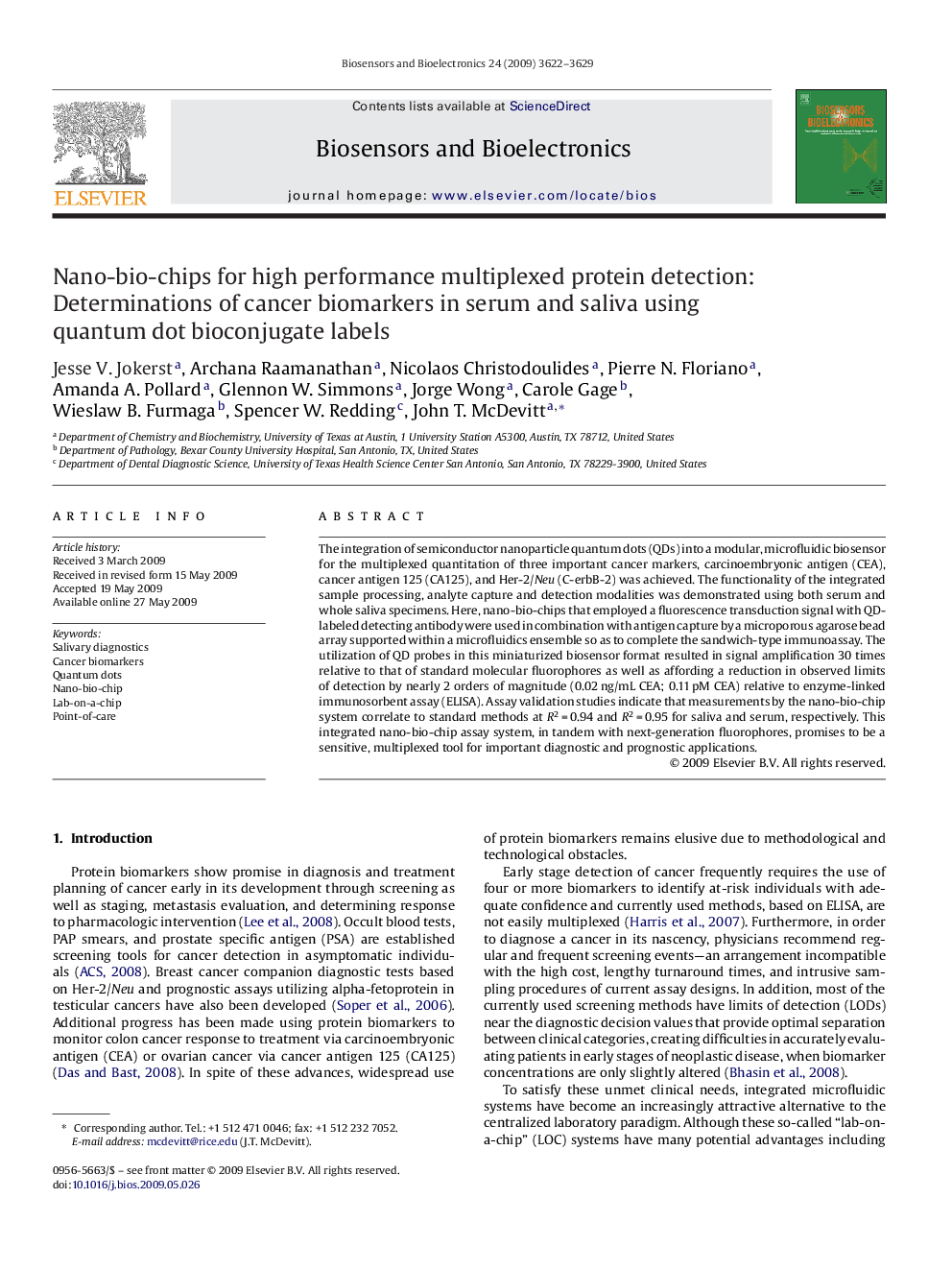 Nano-bio-chips for high performance multiplexed protein detection: Determinations of cancer biomarkers in serum and saliva using quantum dot bioconjugate labels