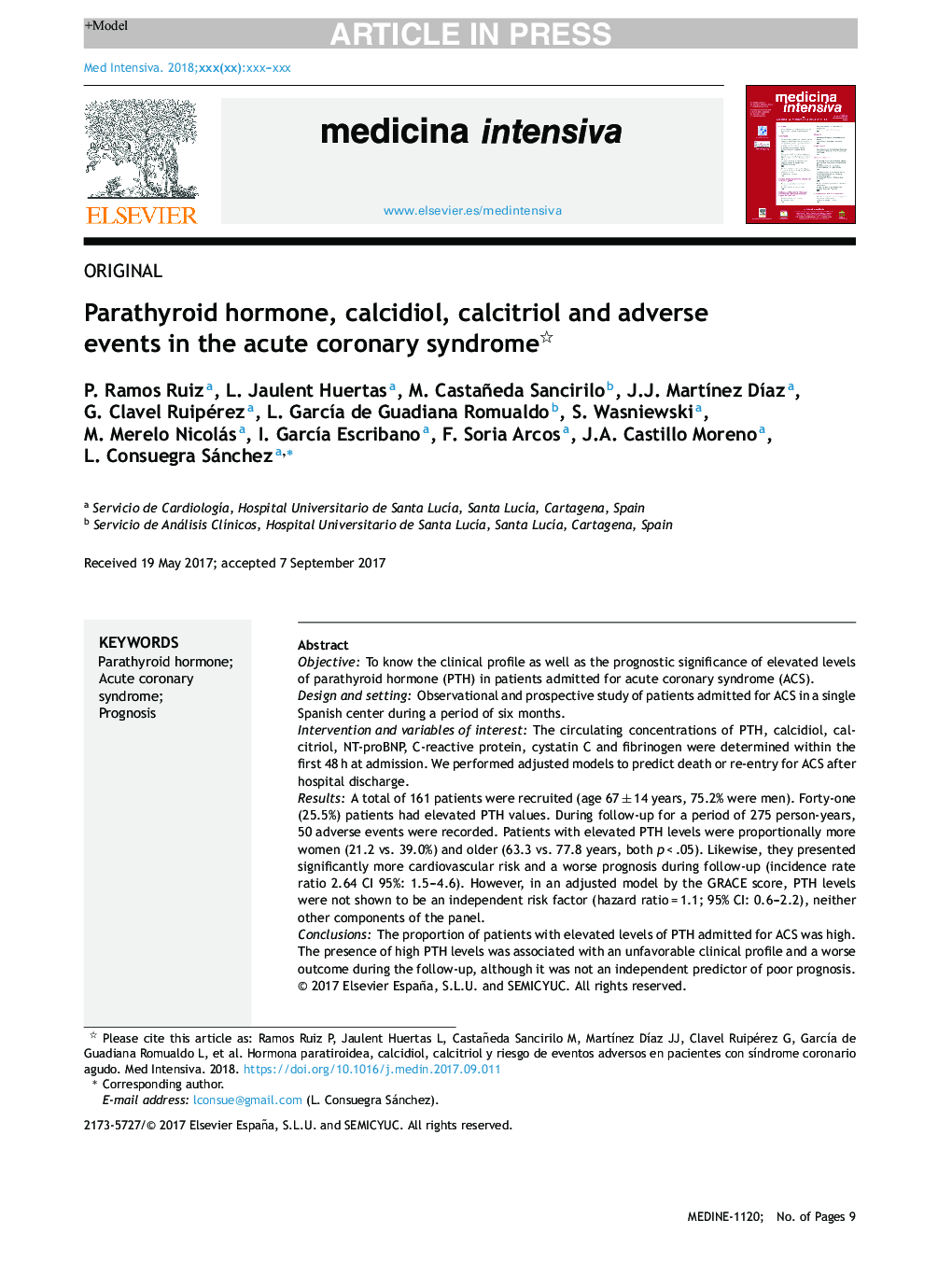 Parathyroid hormone, calcidiol, calcitriol and adverse events in the acute coronary syndrome