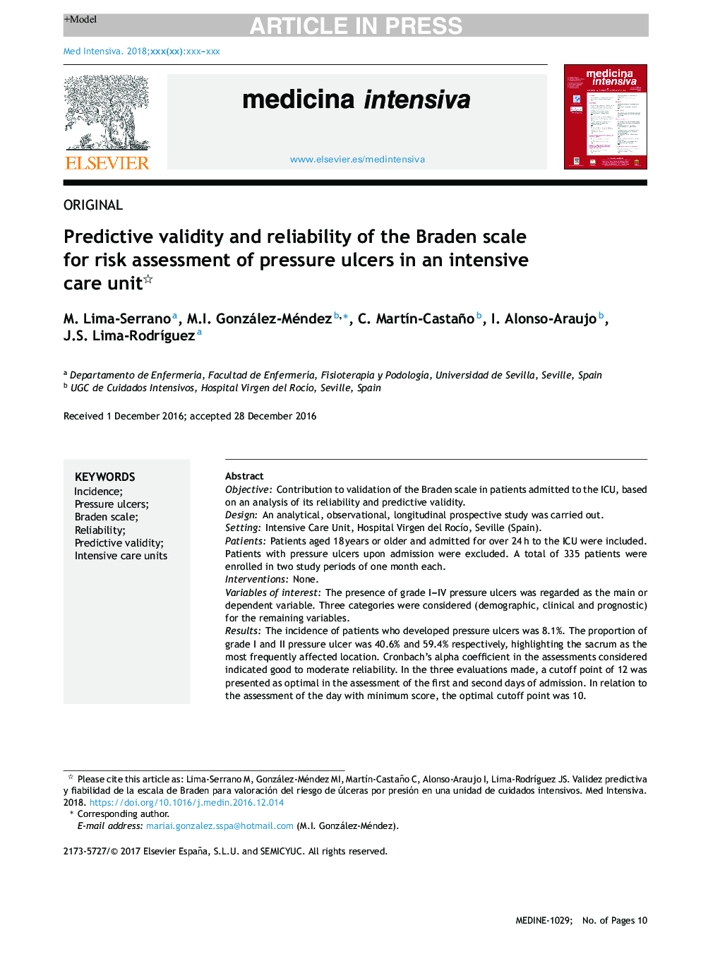 Predictive validity and reliability of the Braden scale for risk assessment of pressure ulcers in an intensive care unit