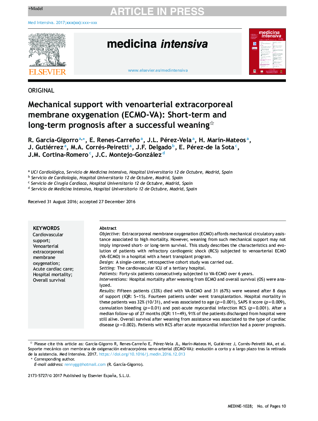 Mechanical support with venoarterial extracorporeal membrane oxygenation (ECMO-VA): Short-term and long-term prognosis after a successful weaning