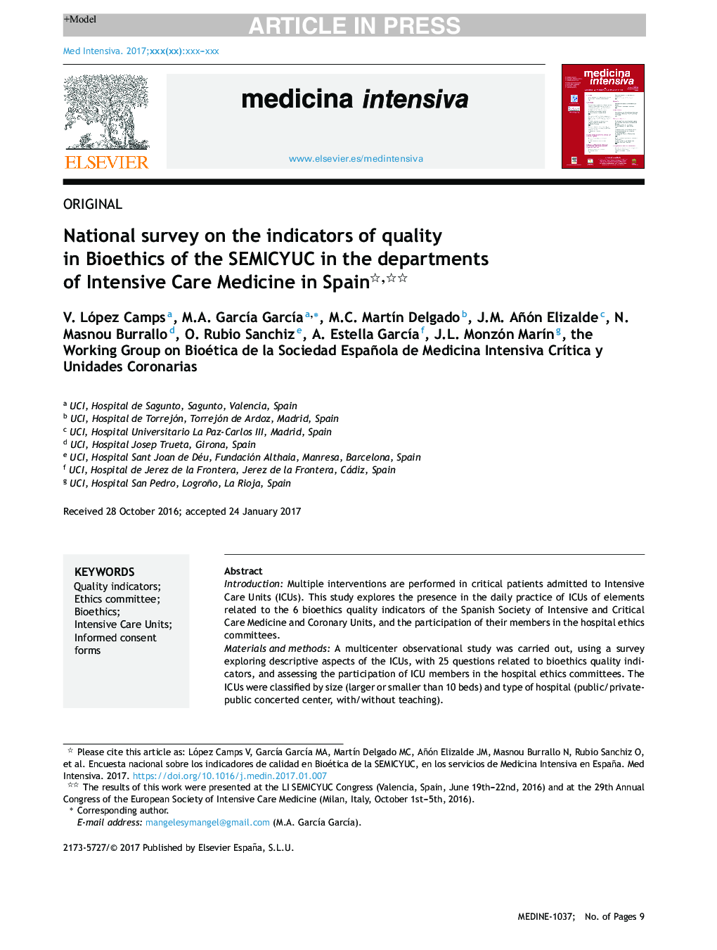 National survey on the indicators of quality in Bioethics of the SEMICYUC in the departments of Intensive Care Medicine in Spain