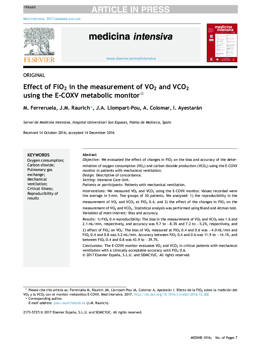 Effect of FiO2 in the measurement of VO2 and VCO2 using the E-COXV metabolic monitor