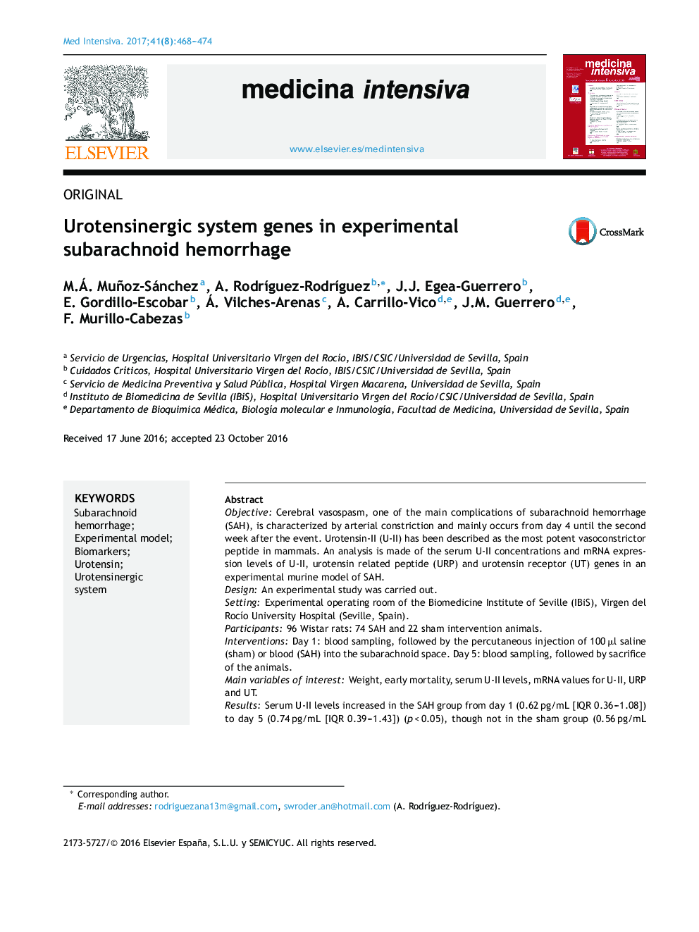 Urotensinergic system genes in experimental subarachnoid hemorrhage