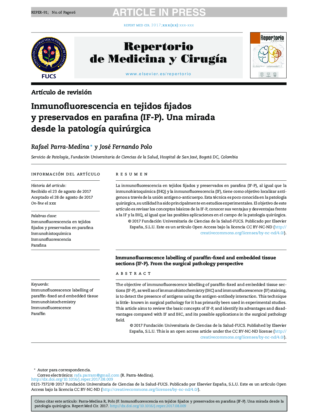 Inmunofluorescencia en tejidos fijados y preservados en parafina (IF-P). Una mirada desde la patologÃ­a quirúrgica