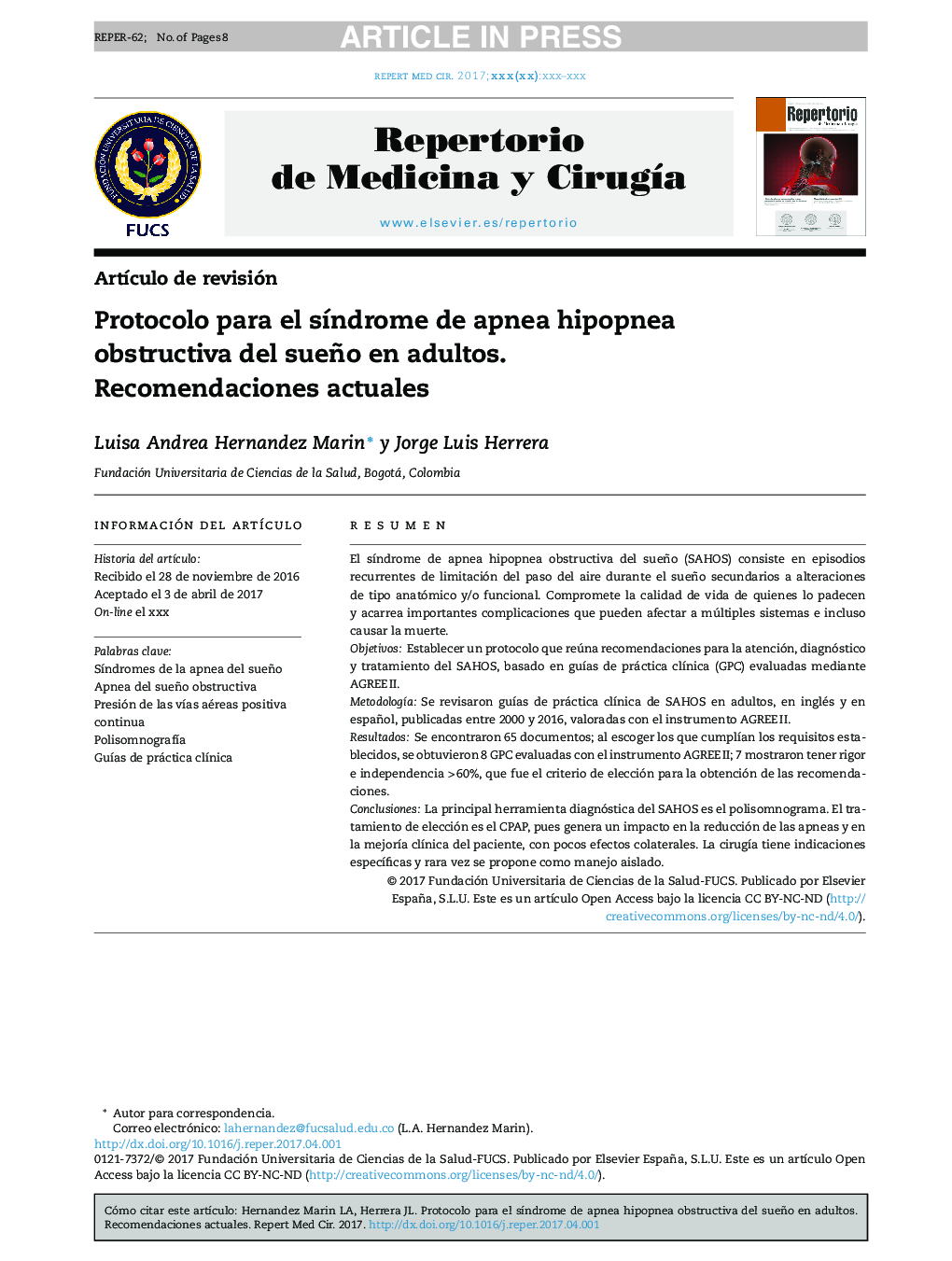 Protocolo para el sÃ­ndrome de apnea hipopnea obstructiva del sueño en adultos. Recomendaciones actuales