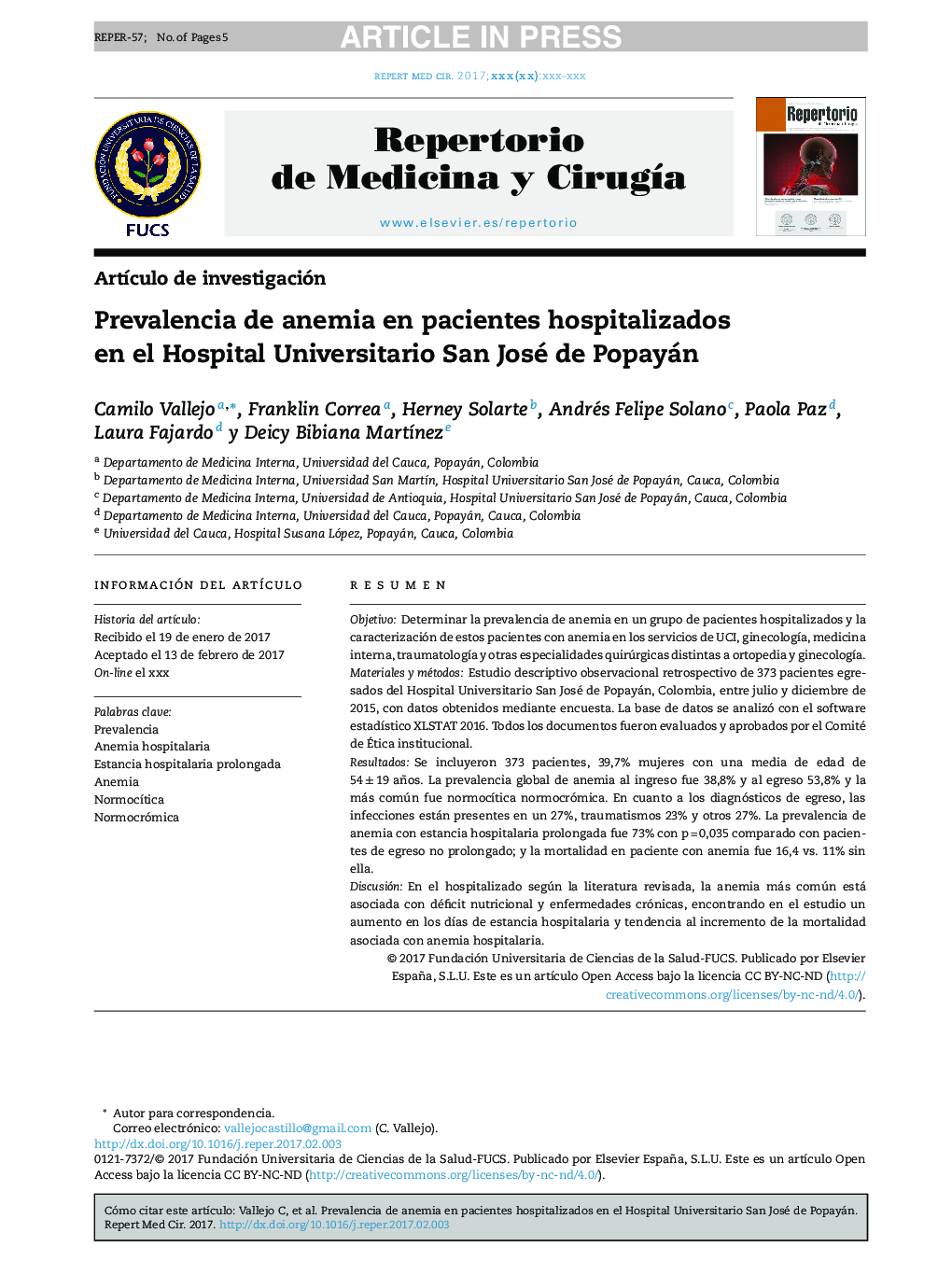 Prevalencia de anemia en pacientes hospitalizados en el Hospital Universitario San José de Popayán