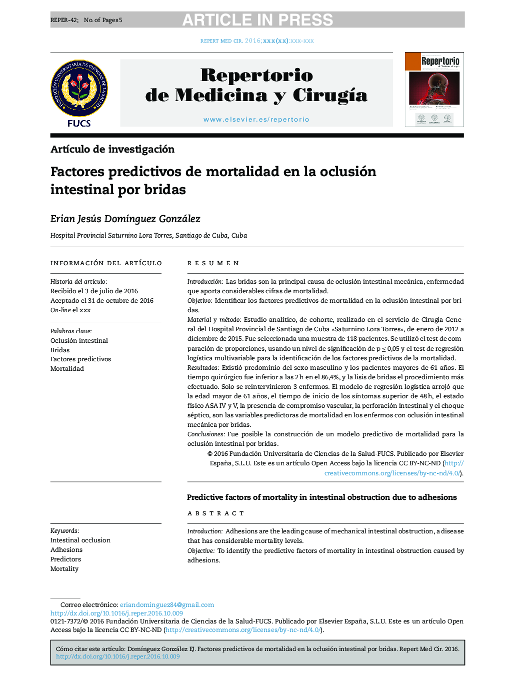 Factores predictivos de mortalidad en la oclusión intestinal por bridas