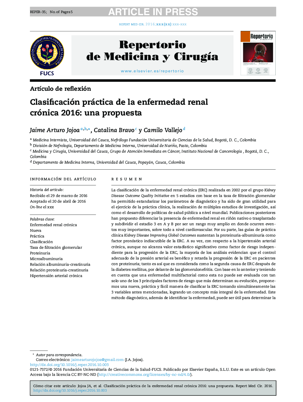 Clasificación práctica de la enfermedad renal crónica 2016: una propuesta