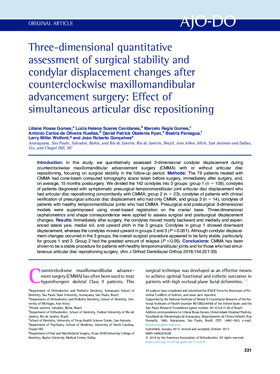 Three-dimensional quantitative assessment of surgical stability and condylar displacement changes after counterclockwise maxillomandibular advancement surgery: Effect of simultaneous articular disc repositioning