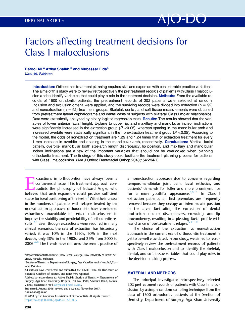 Factors affecting treatment decisions for Class I malocclusions