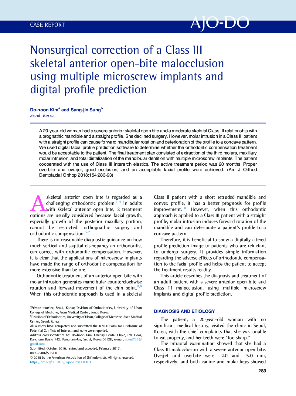 Nonsurgical correction of a Class III skeletal anterior open-bite malocclusion using multiple microscrew implants and digital profile prediction