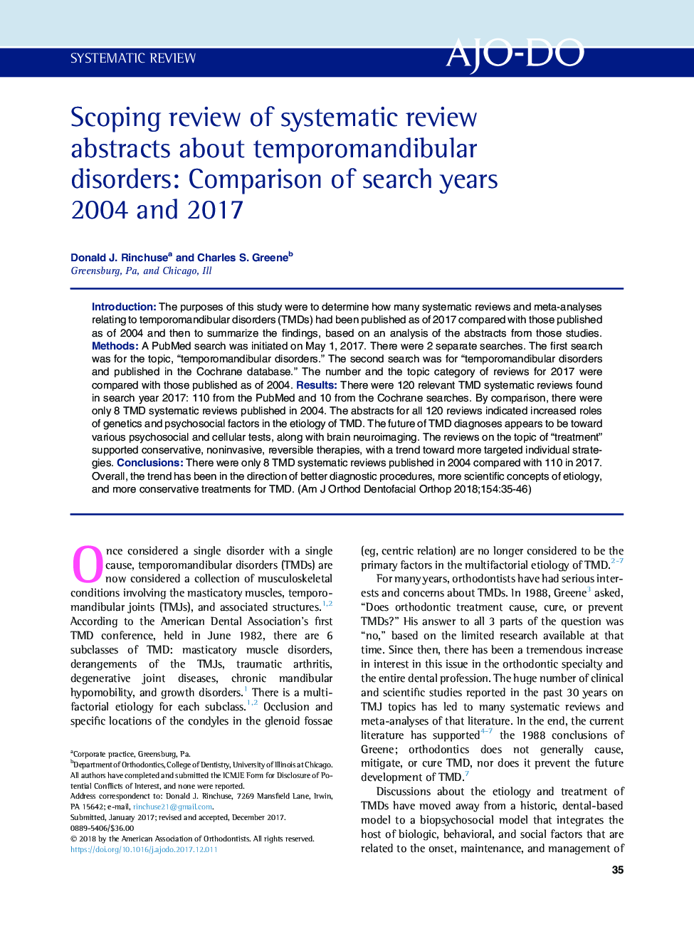 Scoping review of systematic review abstracts about temporomandibular disorders: Comparison of search years 2004 and 2017