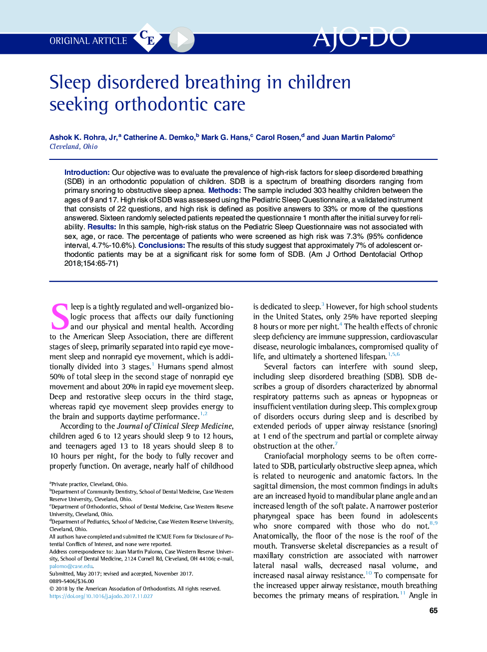 Sleep disordered breathing in children seeking orthodontic care