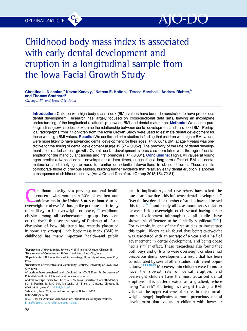 Childhood body mass index is associated with early dental development and eruption in a longitudinal sample from the Iowa Facial Growth Study