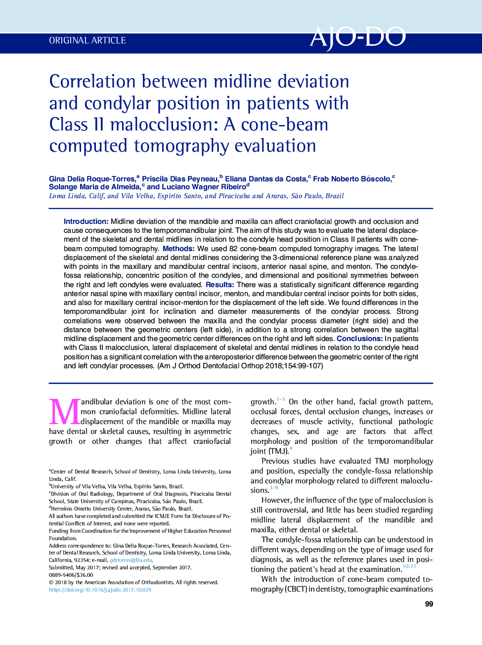 Correlation between midline deviation and condylar position in patients with Class II malocclusion: A cone-beam computed tomography evaluation