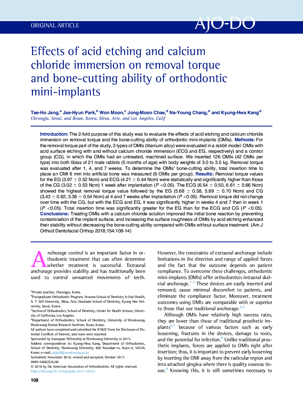 Effects of acid etching and calcium chloride immersion on removal torque and bone-cutting ability of orthodontic mini-implants