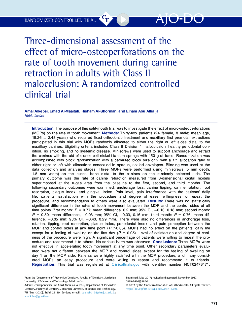 Three-dimensional assessment of the effect of micro-osteoperforations on the rate of tooth movement during canine retraction in adults with Class II malocclusion: A randomized controlled clinical trial