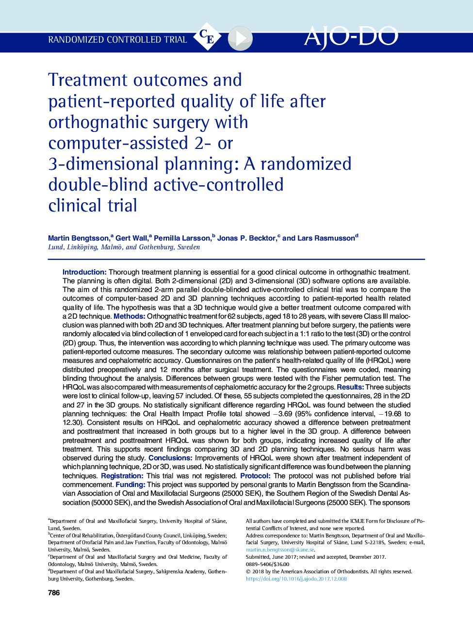 Treatment outcomes and patient-reported quality of life after orthognathic surgery with computer-assisted 2- or 3-dimensional planning: A randomized double-blind active-controlled clinical trial