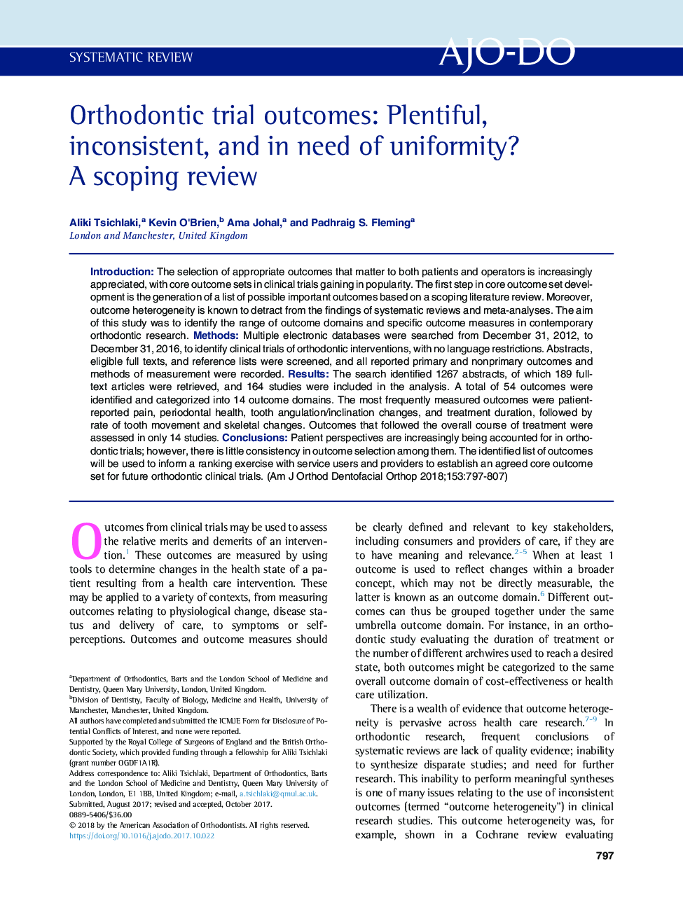 Orthodontic trial outcomes: Plentiful, inconsistent, and in need of uniformity? A scoping review