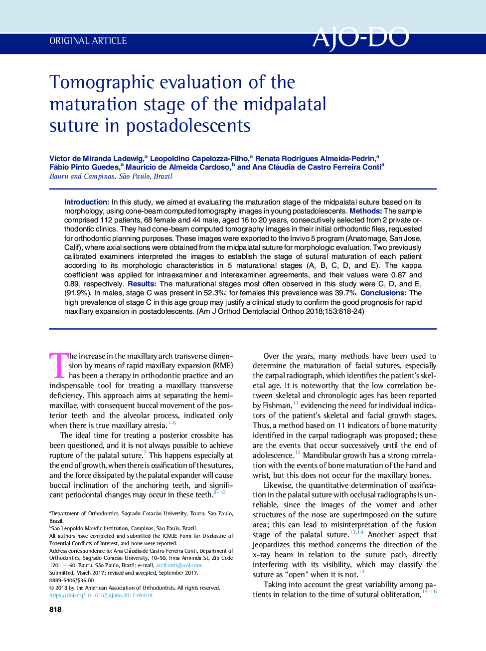 Tomographic evaluation of the maturation stage of the midpalatal suture in postadolescents