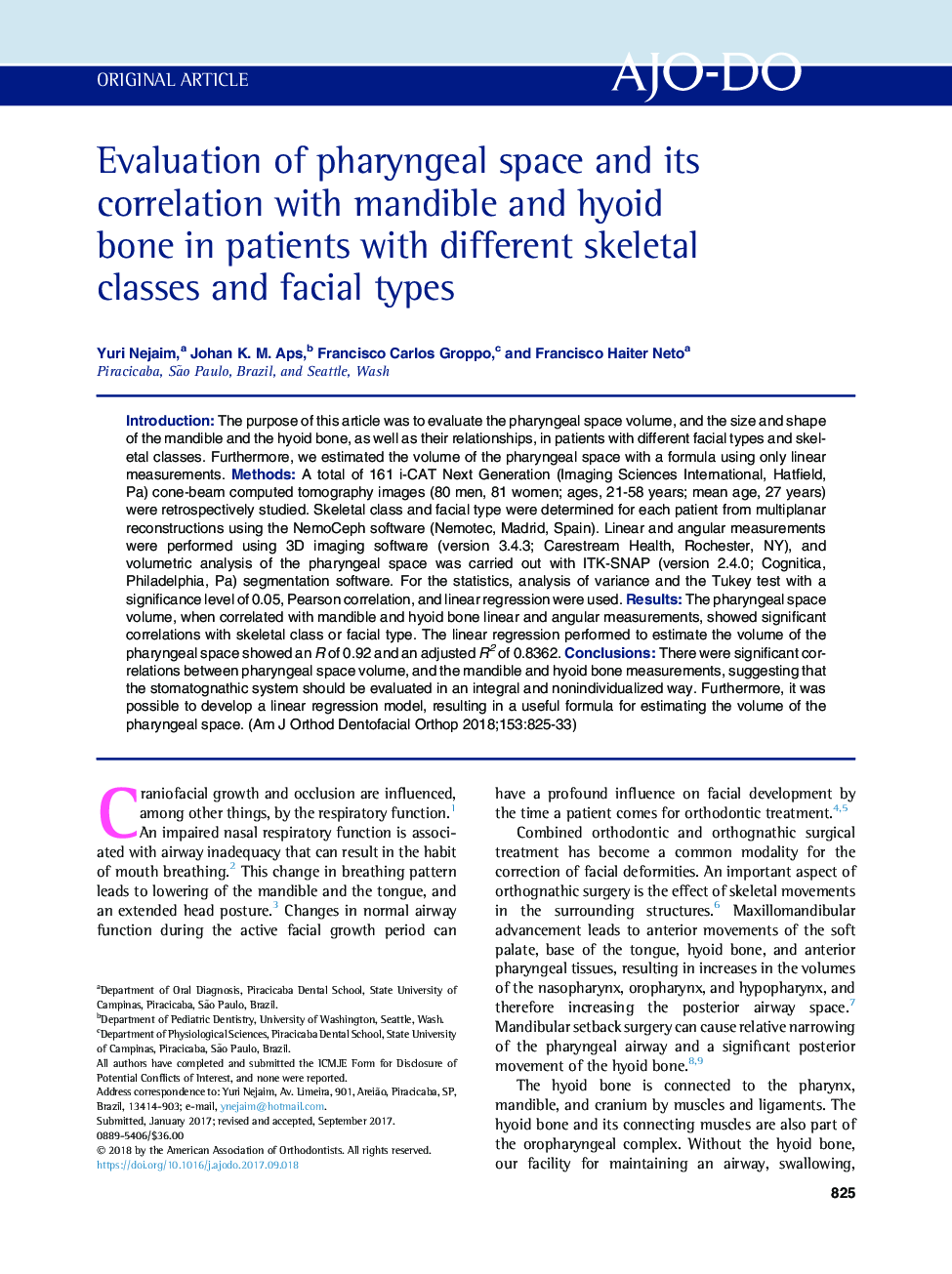 Evaluation of pharyngeal space and its correlation with mandible and hyoid bone in patients with different skeletal classes and facial types