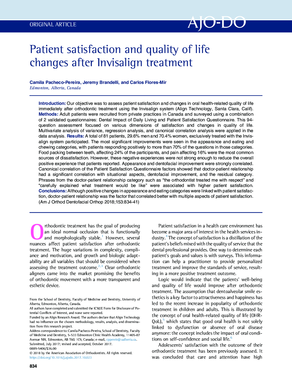 Patient satisfaction and quality of life changes after Invisalign treatment