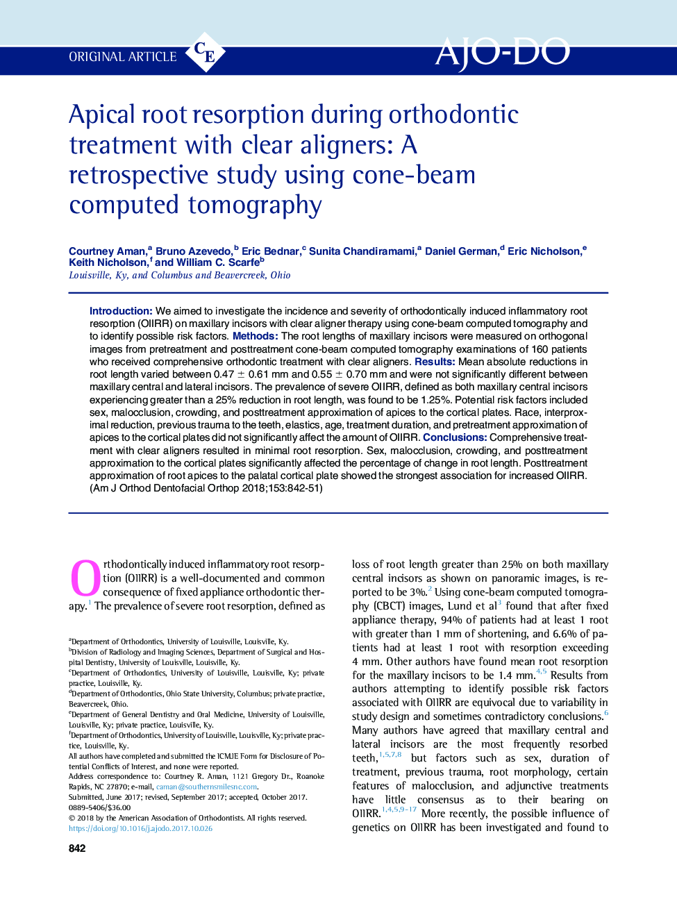 Apical root resorption during orthodontic treatment with clear aligners: A retrospective study using cone-beam computed tomography