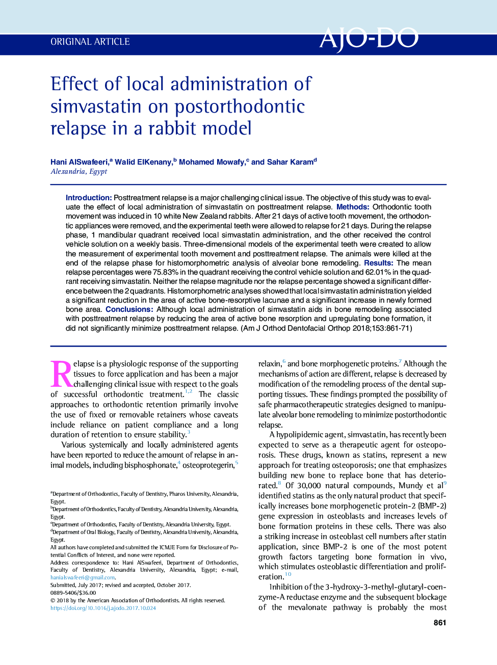 Effect of local administration of simvastatin on postorthodontic relapse in a rabbit model