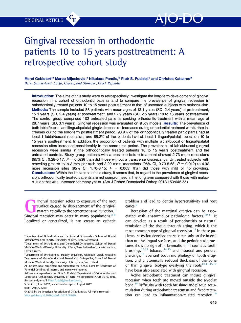 Gingival recession in orthodontic patients 10 to 15Â years posttreatment: A retrospective cohort study