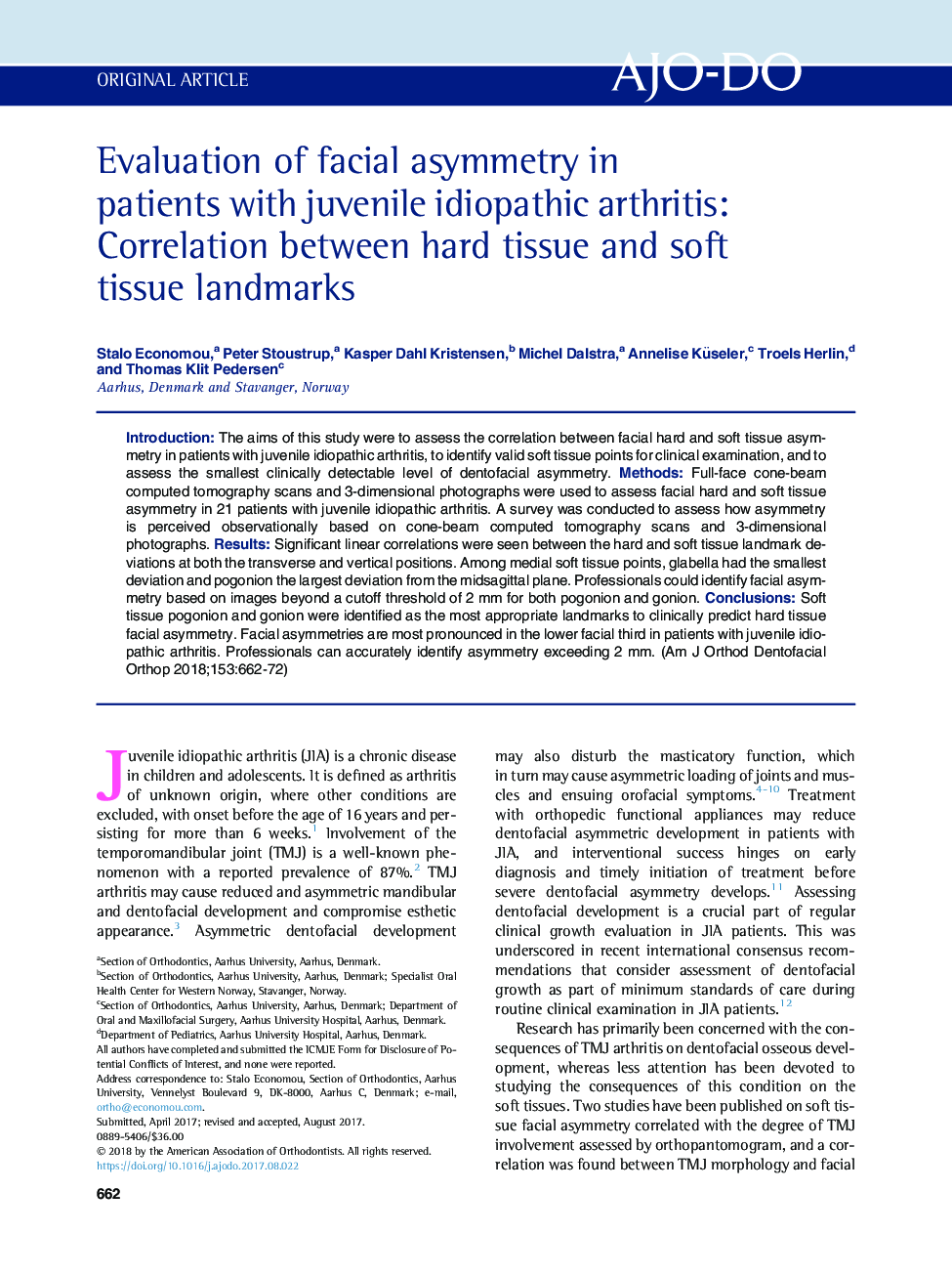 Evaluation of facial asymmetry in patients with juvenile idiopathic arthritis: Correlation between hard tissue and soft tissue landmarks