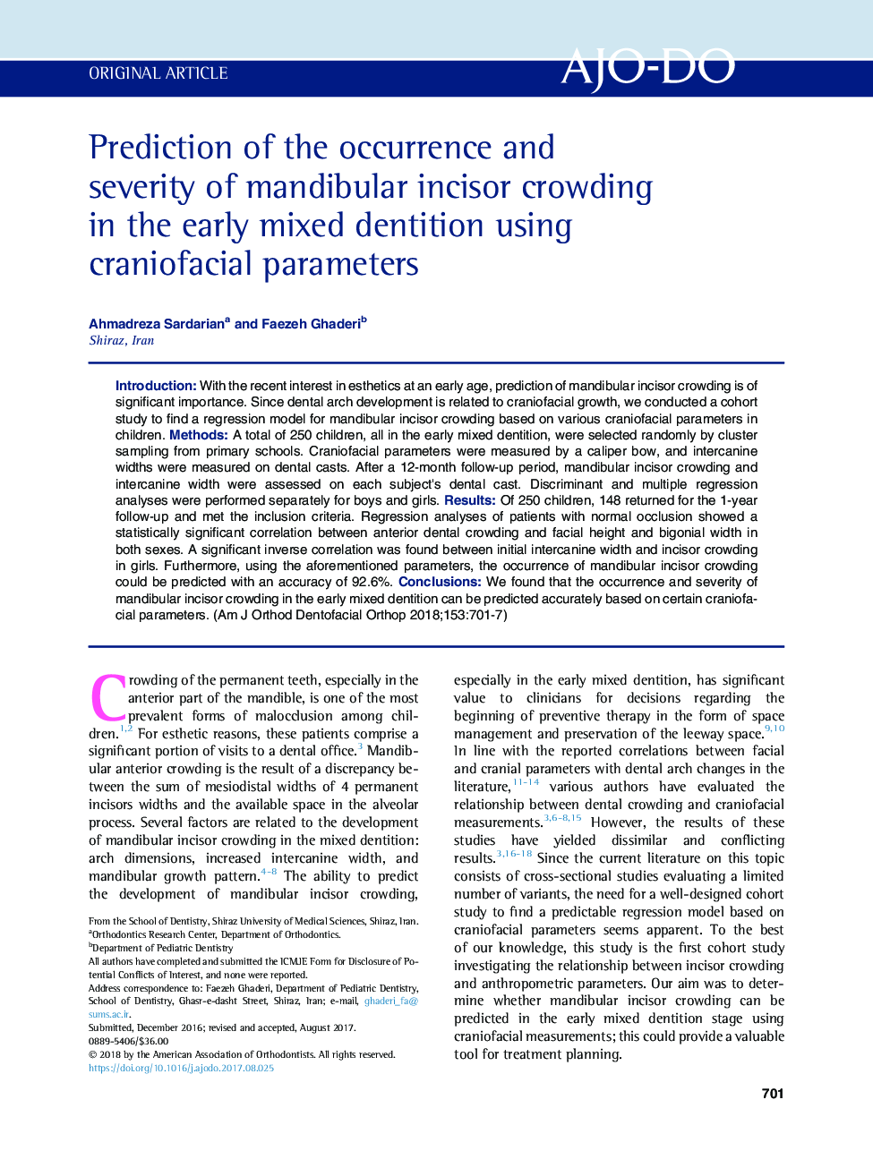 Prediction of the occurrence and severity of mandibular incisor crowding in the early mixed dentition using craniofacial parameters