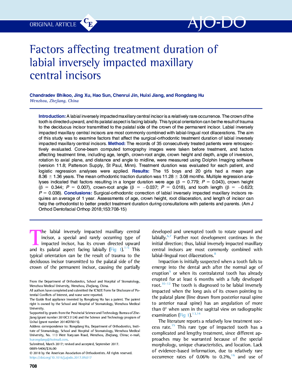 Factors affecting treatment duration of labial inversely impacted maxillary central incisors