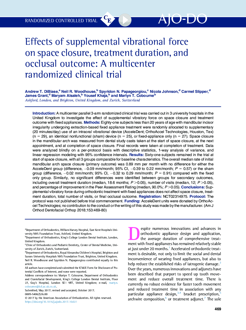 Effects of supplemental vibrational force on space closure, treatment duration, and occlusal outcome: A multicenter randomized clinical trial