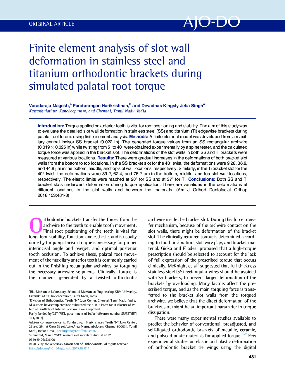 Finite element analysis of slot wall deformation in stainless steel and titanium orthodontic brackets during simulated palatal root torque