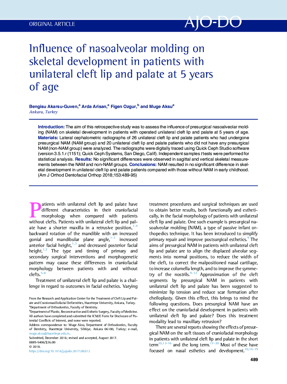 Influence of nasoalveolar molding on skeletal development in patients with unilateral cleft lip and palate at 5Â years of age