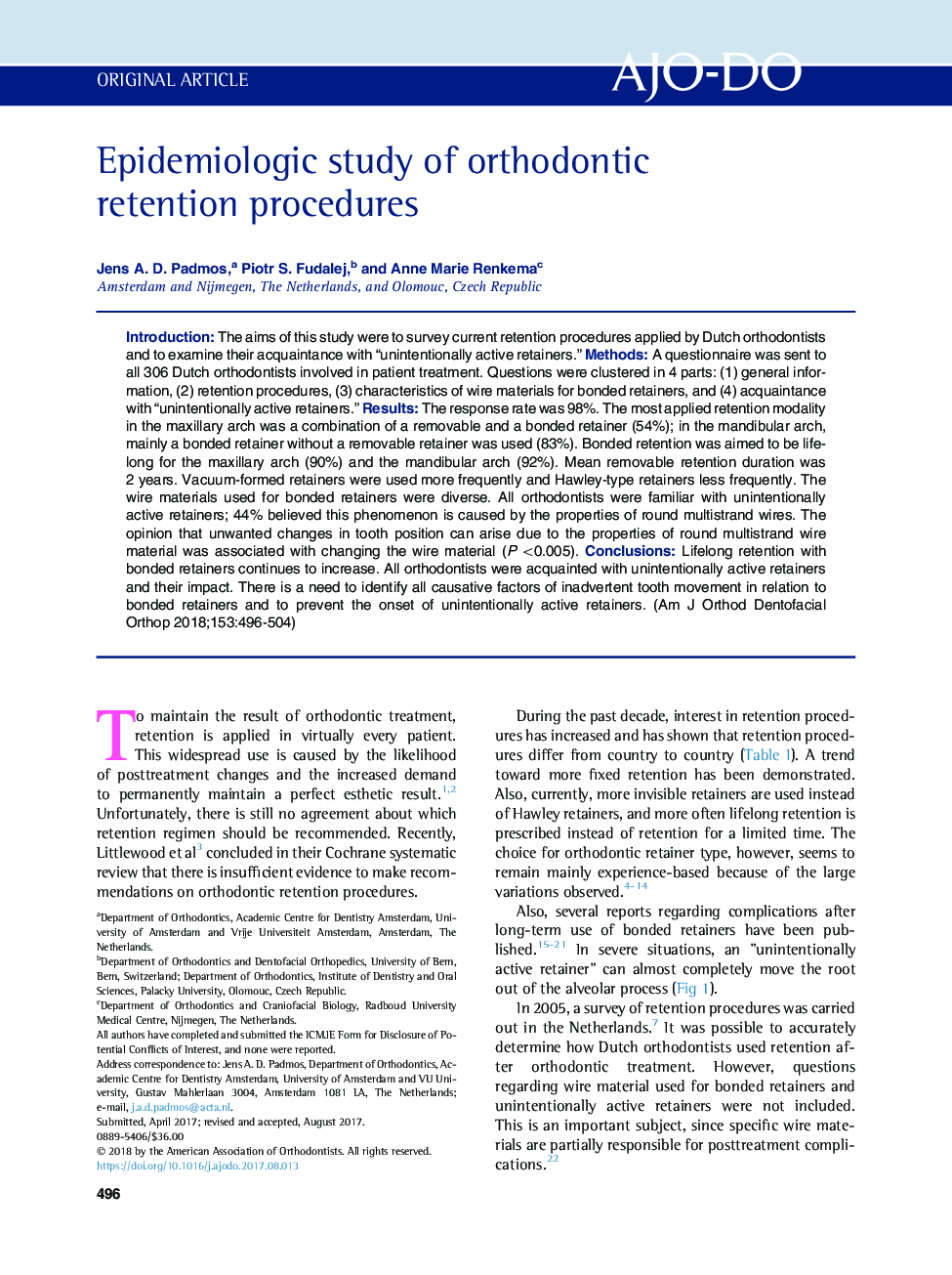 Epidemiologic study of orthodontic retention procedures