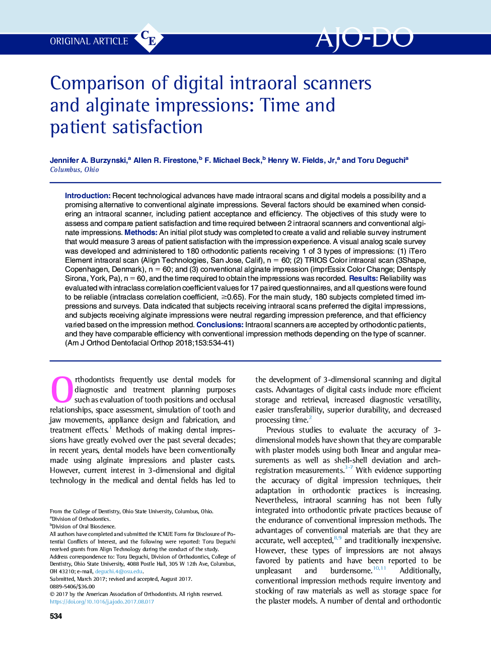 Comparison of digital intraoral scanners and alginate impressions: Time and patient satisfaction