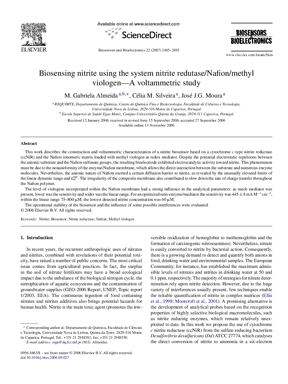 Biosensing nitrite using the system nitrite redutase/Nafion/methyl viologen—A voltammetric study