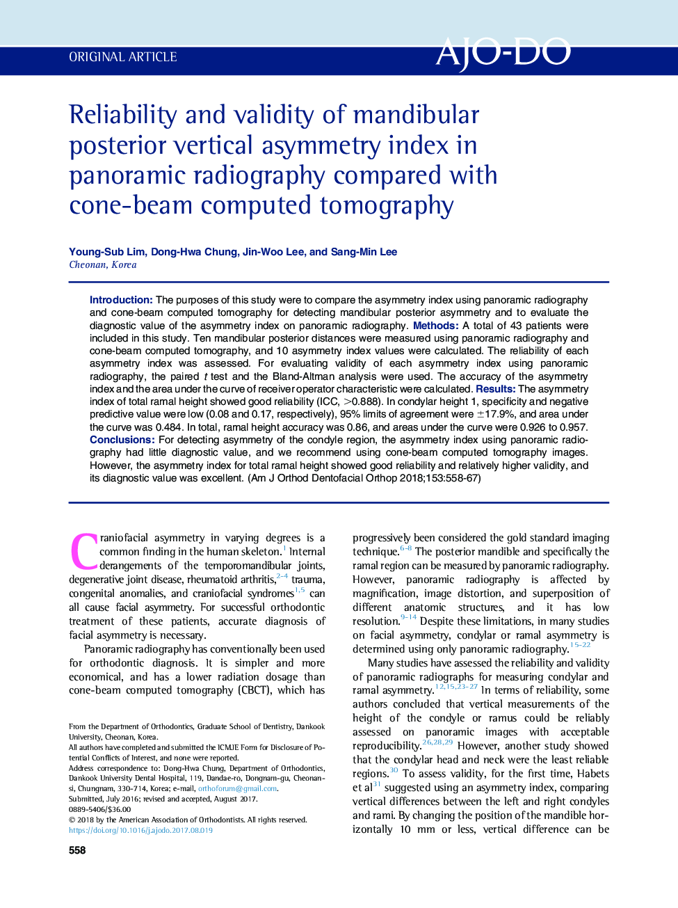 Reliability and validity of mandibular posterior vertical asymmetry index in panoramic radiography compared with cone-beam computed tomography