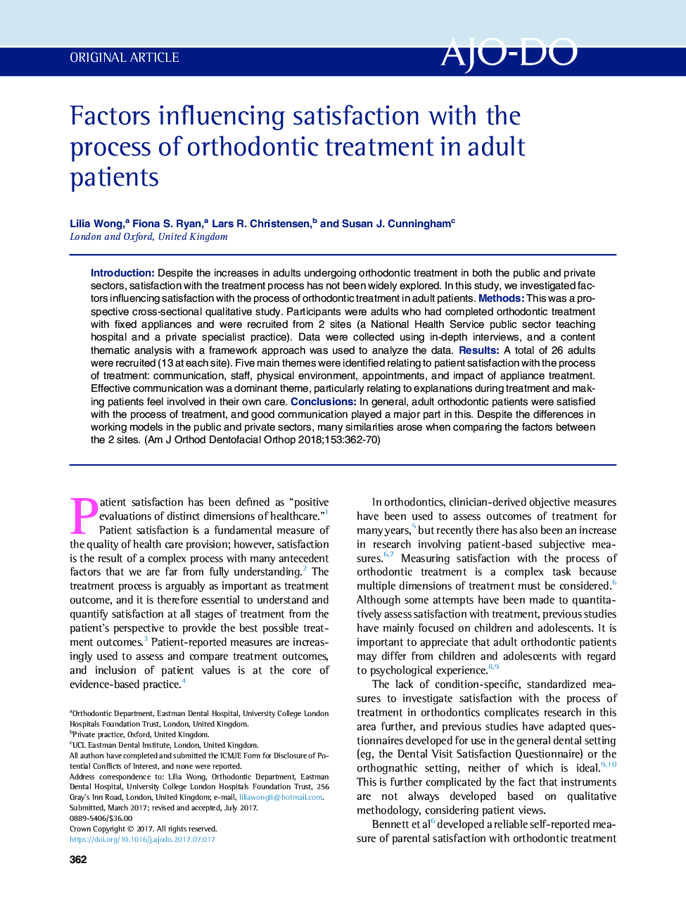 Factors influencing satisfaction with the process of orthodontic treatment in adult patients